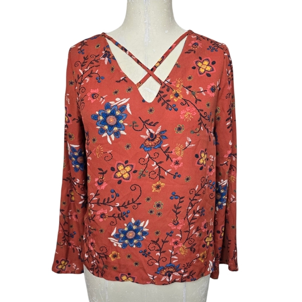 Lily White Rust Red Floral Blue Pink Criss Cross V Neck Long Sleeves Blouse M